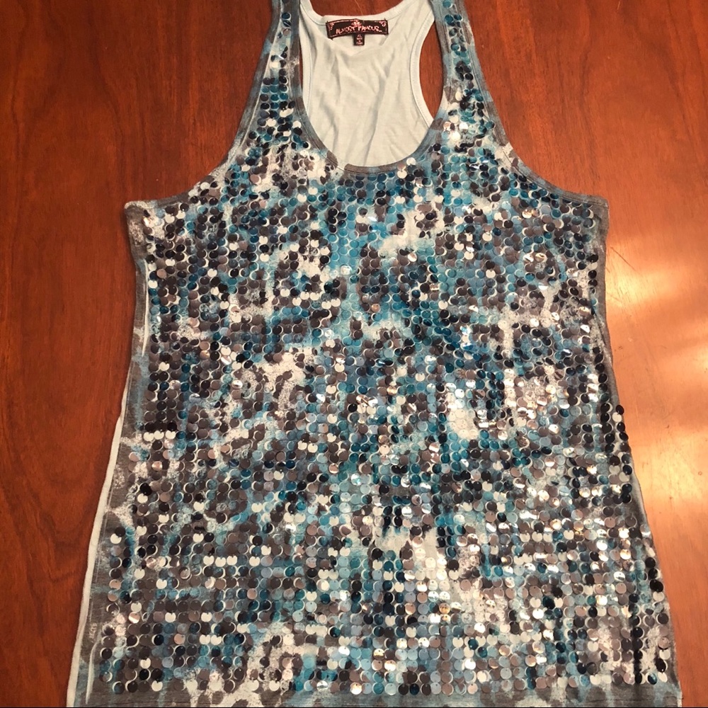 Blue sequined racer back tank top